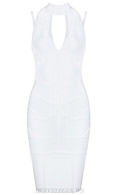 Herve Leger White Halter Cut Out Straps Dress