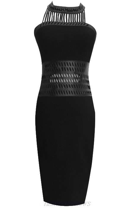 Herve Leger Black Halter Faux Leather Dress