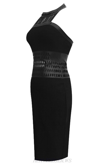 Herve Leger Black Halter Faux Leather Dress