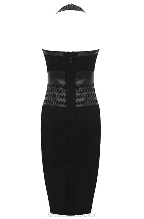 Herve Leger Black Halter Faux Leather Dress
