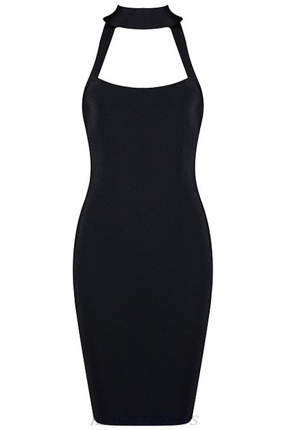 Herve Leger Black Halter Geo Cut Out Dress