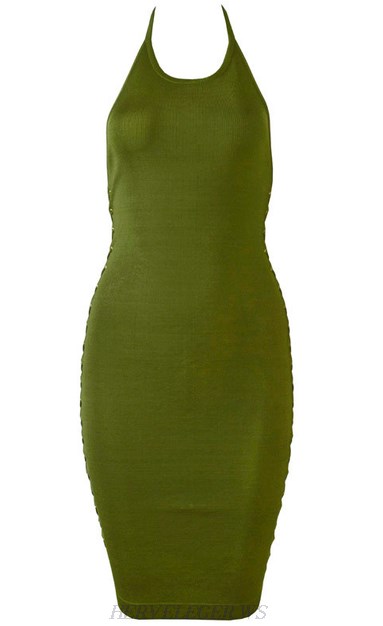 Herve Leger Green Halter Lace Up Dress