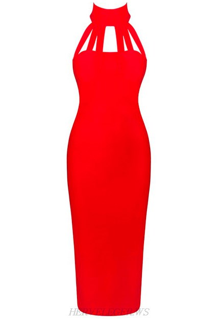 Herve Leger Red Halter Strap Dress