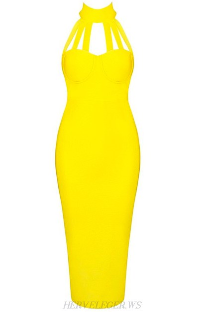 Herve Leger Yellow Halter Strap Dress