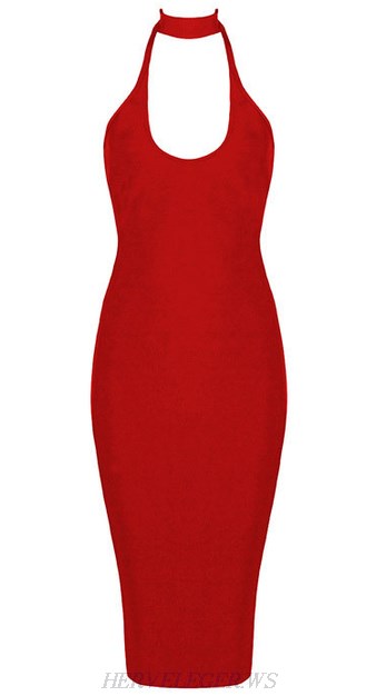 Herve Leger Red Halter Strappy Back Dress