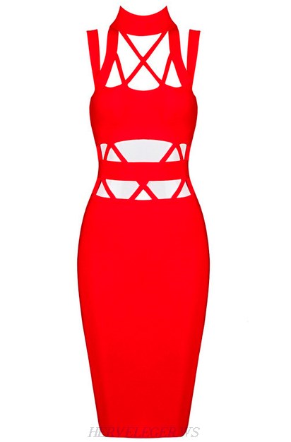 Herve Leger Red High Neck Cut Out Dress