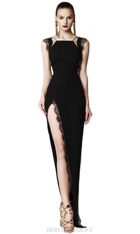 Herve Leger Black Lace Slit Dress