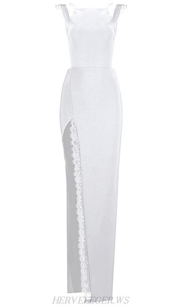 Herve Leger White Lace Slit Dress