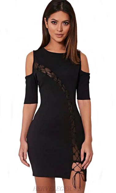 Herve Leger Black Lace Up Mesh Dress