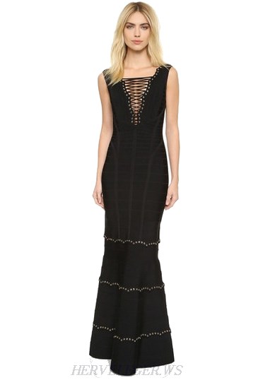 Herve Leger Black Lace Up Studded Mermaid Dress