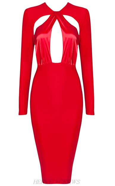 Herve Leger Red Long Sleeve Cut Out Dress