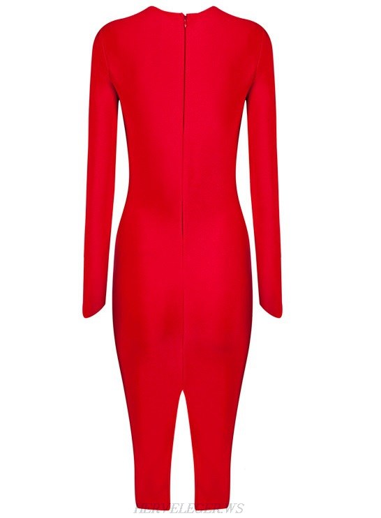 Herve Leger Red Long Sleeve Cut Out Dress