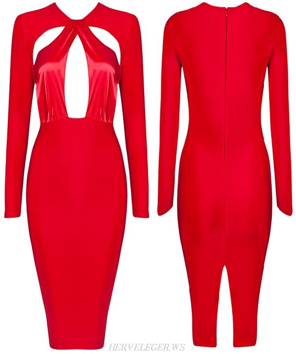 Herve Leger Red Long Sleeve Cut Out Dress