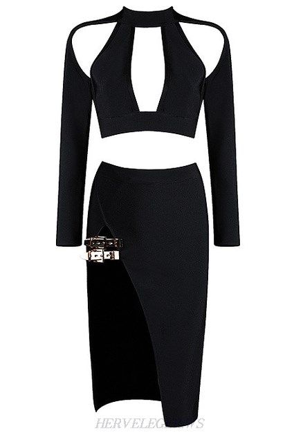 Herve Leger Black Long Sleeve Cut Out Slit Two Piece Dress