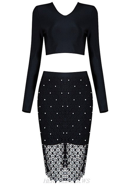 Herve Leger Black Long Sleeve Embellished Two Piece Dress