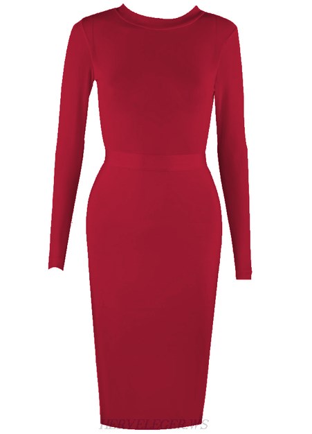Herve Leger Burgundy Long Sleeve Mesh Dress