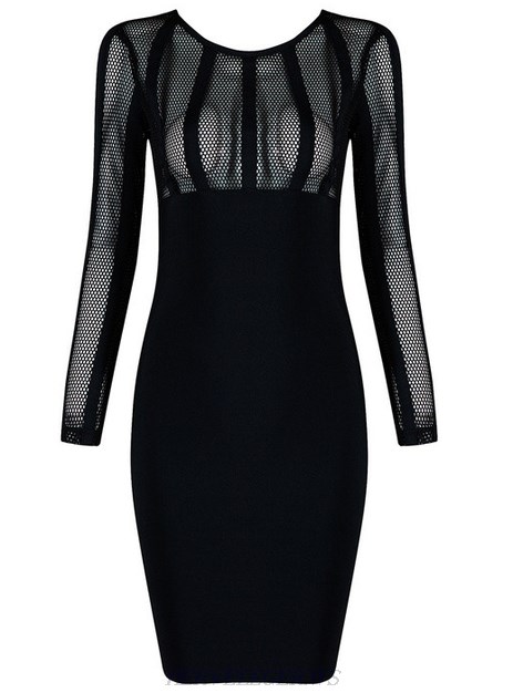 Herve Leger Black Long Sleeve Multi Stitch Crochet Dress