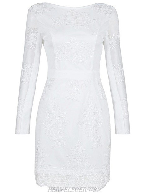 Herve Leger White Long Sleeve Scalloped Lace Dress