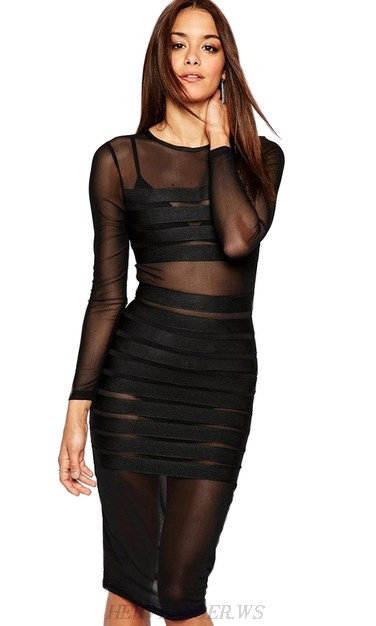 Herve Leger Black Long Sleeve Striped Mesh Dress