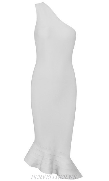 Herve Leger White One Shoulder Fluted Dress