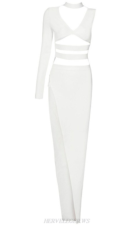 Herve Leger White One Sleeve Asymmetrical Slit Dress