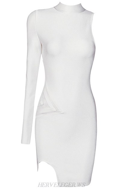 Herve Leger White One Sleeve Mesh Dress