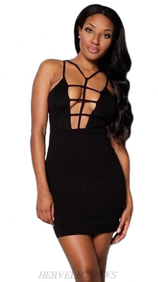Herve Leger Black Plunge Strappy Dress