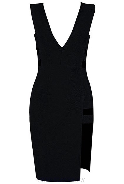 Herve Leger Black Plunging Cut Out Slit Dress