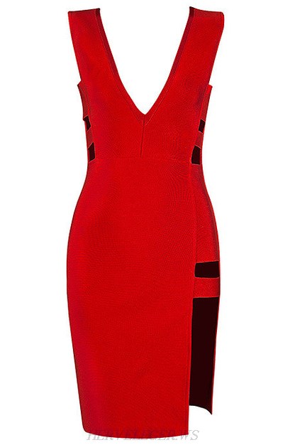 Herve Leger Red Plunging Cut Out Slit Dress