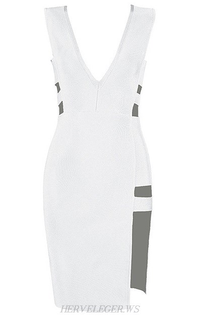 Herve Leger White Plunging Cut Out Slit Dress