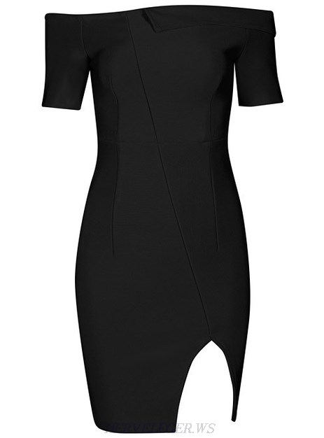Herve Leger Black Short Sleeve Bardot Slit Dress