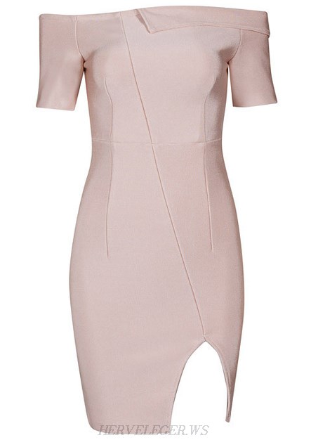 Herve Leger Nude Short Sleeve Bardot Slit Dress