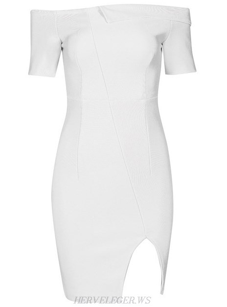 Herve Leger White Short Sleeve Bardot Slit Dress