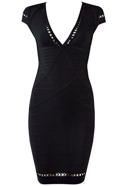 Herve Leger Black Short Sleeve Crochet Trim Dress