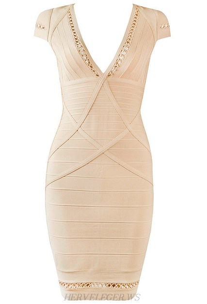 Herve Leger Nude Short Sleeve Crochet Trim Dress