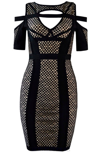 Herve Leger Black And Nude Short Sleeve Cut Out Dress