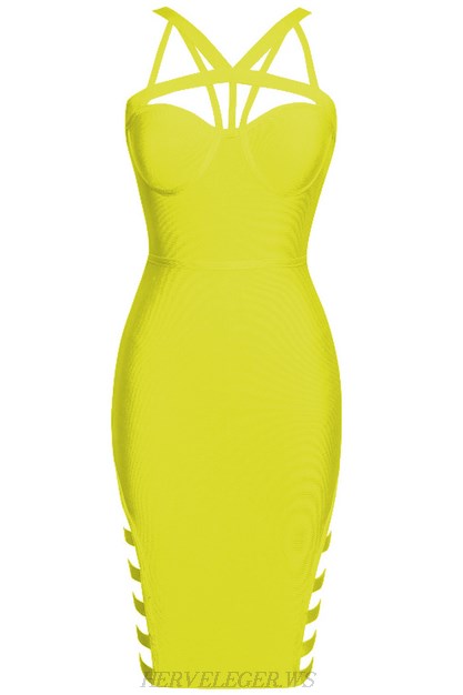 Herve Leger Yellow Strappy Cut Out Dress