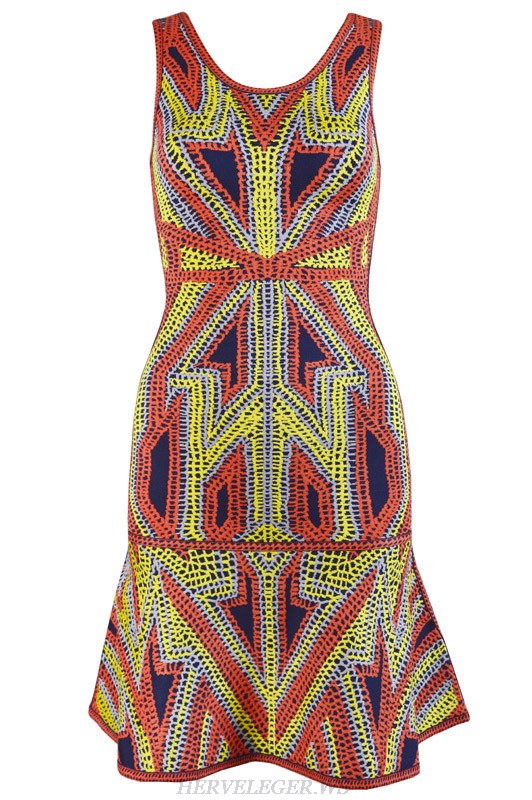Herve Leger Pink And Yellow Jacquard Weave Bandage Dress