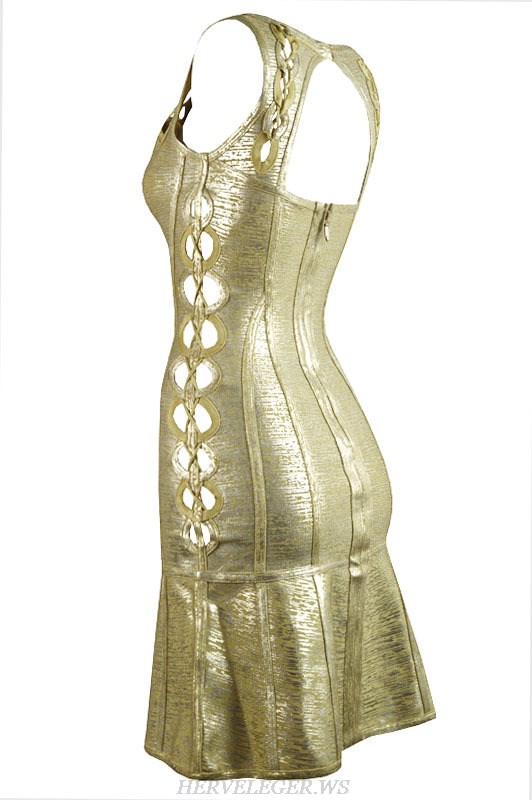 Herve Leger Gold Bronzing Cutout Bandage Dress