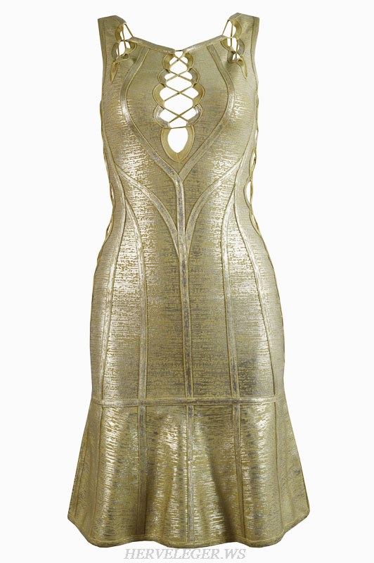 Herve Leger Gold Bronzing Cutout Bandage Dress