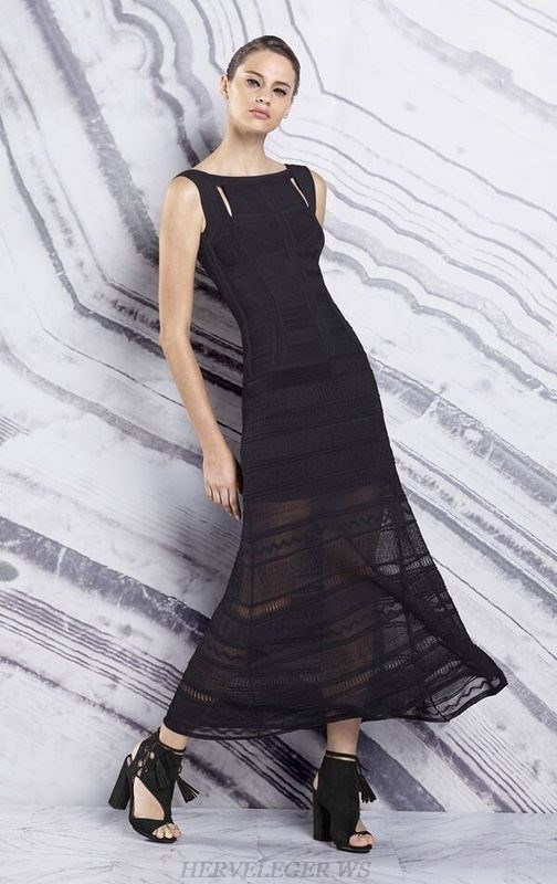 Herve Leger Black Striped Lace A Line Dress Herve Leger Black Striped Lace A Line Dress
