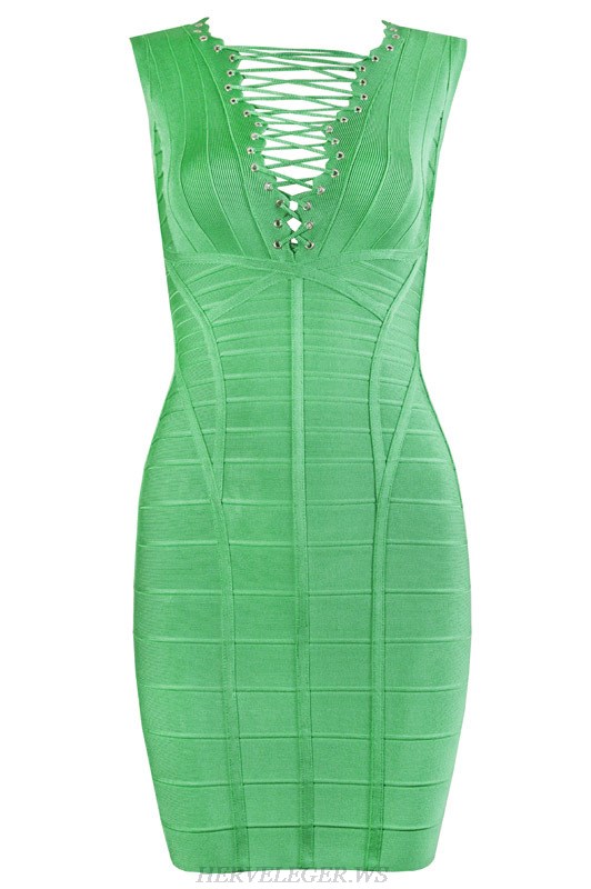 Herve Leger Green V Neck Straps Bandage Dress