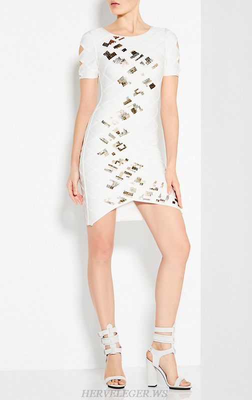 Herve Leger White Beaded Bandage Dress