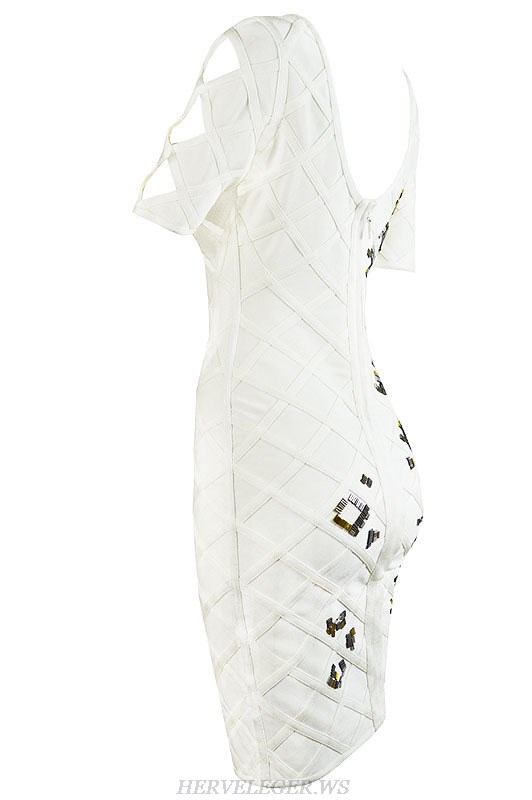 Herve Leger White Beaded Bandage Dress