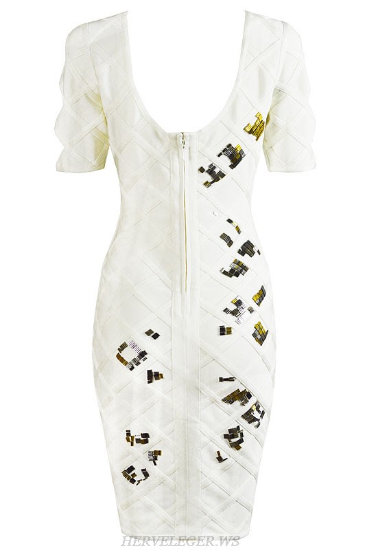 Herve Leger White Beaded Bandage Dress