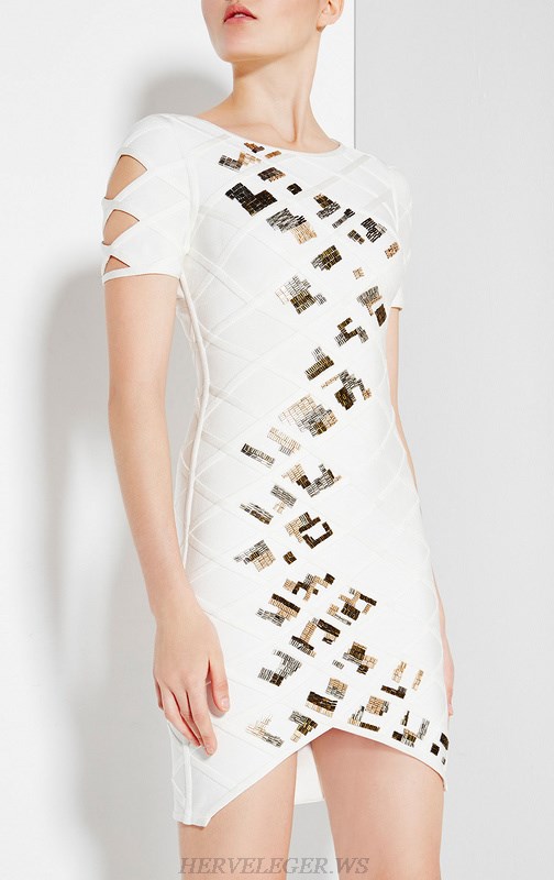 Herve Leger White Beaded Bandage Dress