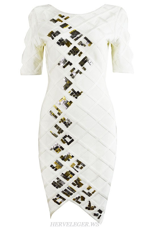 Herve Leger White Beaded Bandage Dress