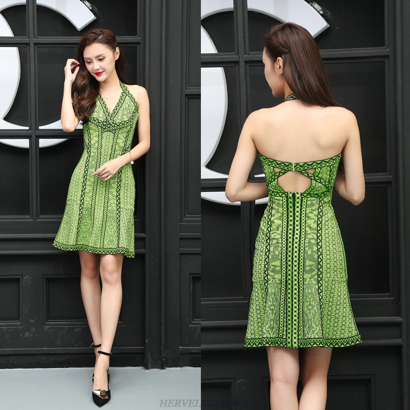 Herve Leger Green Jacquard V Neck Dress