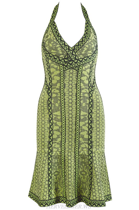 Herve Leger Green Jacquard V Neck Dress