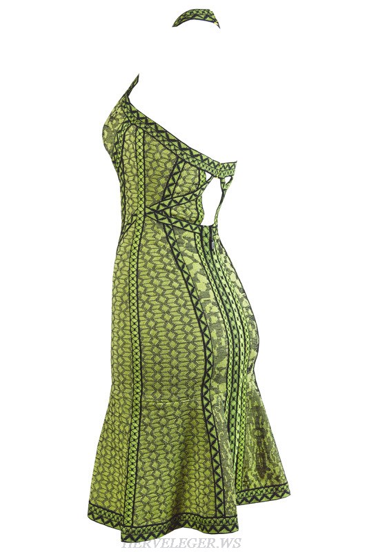 Herve Leger Green Jacquard V Neck Dress